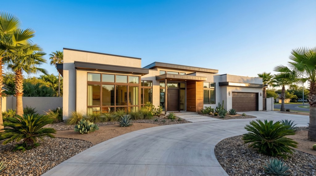 Modern custom home exterior in McAllen TX with palm trees and concrete driveway