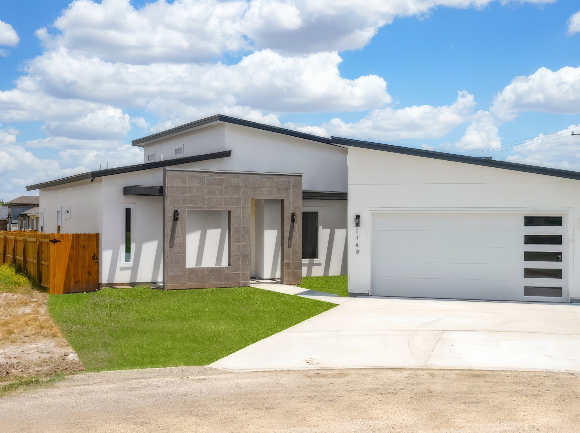 The Vincent · front elevation with flat roof, white stucco and stone column entry