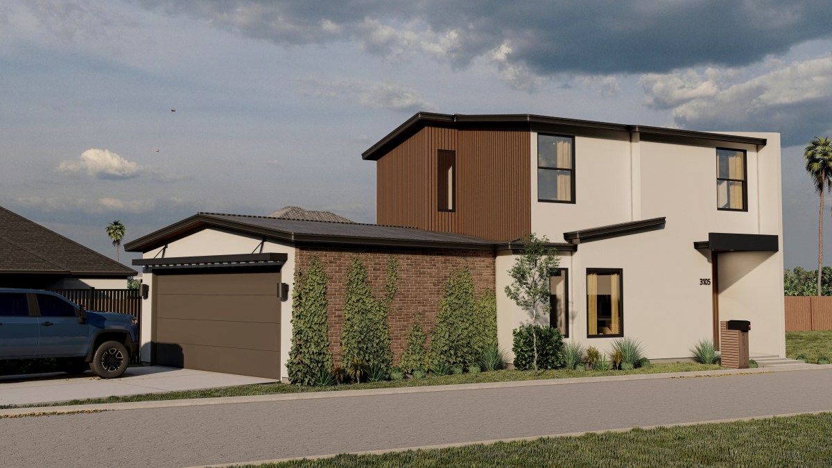 Rendering of the Bicentennial Townhouse garage side with a wood-slat upper level and brick base