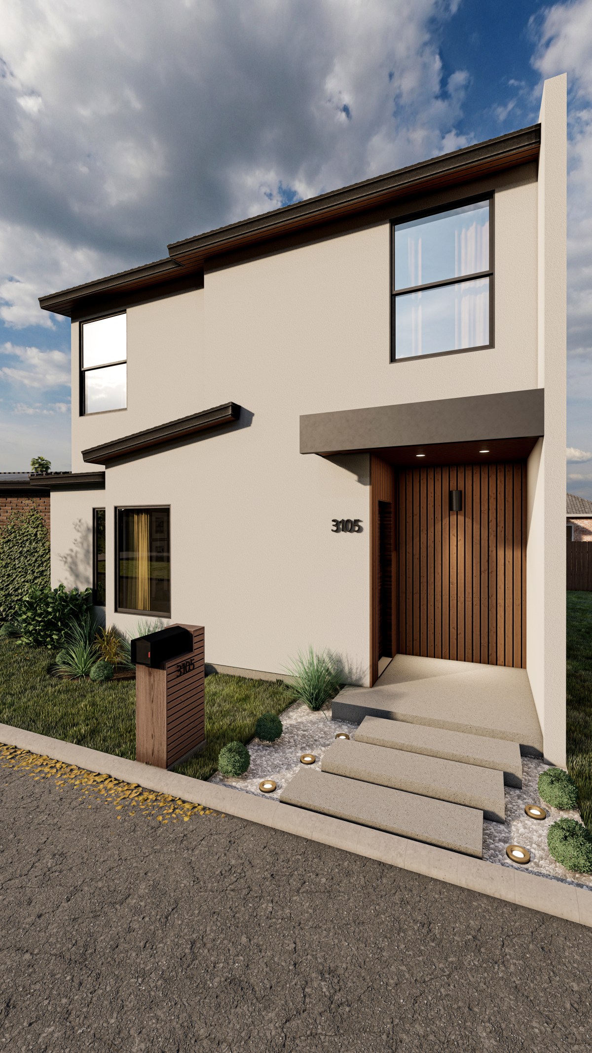 Rendering of the Bicentennial Townhouse covered entry with a Peruvian teak slat door and stepped walk