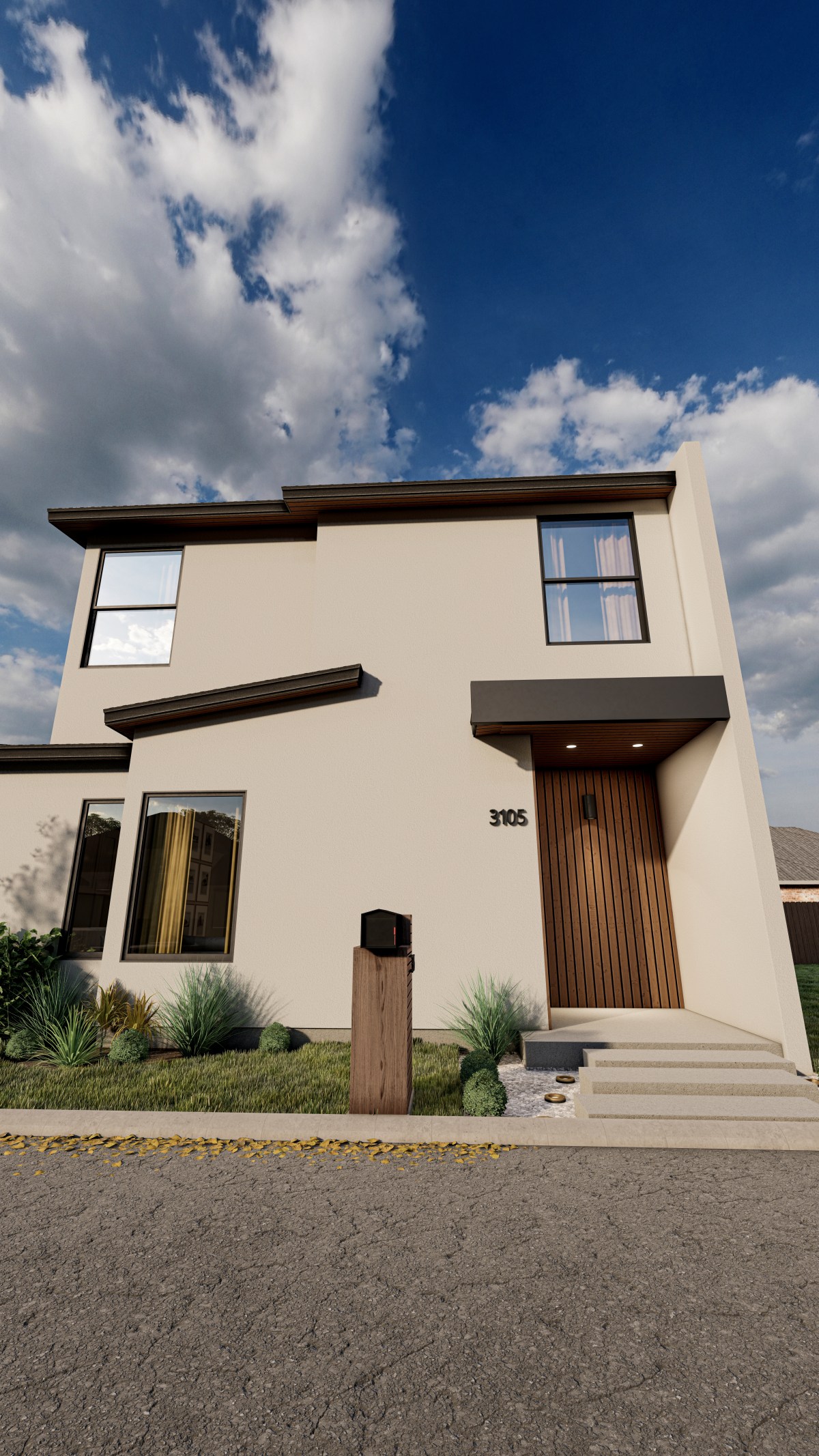 Rendering of the two-story Bicentennial Townhouse for Lot 25 with white stucco, brick veneer, a wood-slat entry and a standing seam metal roof